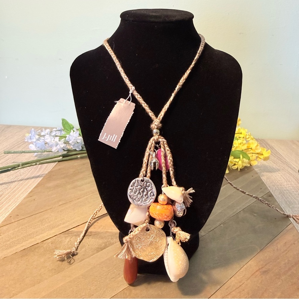 NWT J. Jill Neutral Braided Cord Necklace with Orange and Cream Accents Coastal